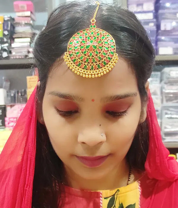 (Pack_Of_2)_Assamese_Traditional_Copper_Gold_Plated_Red_Green_Colour_Maang_Tikka_For_Women